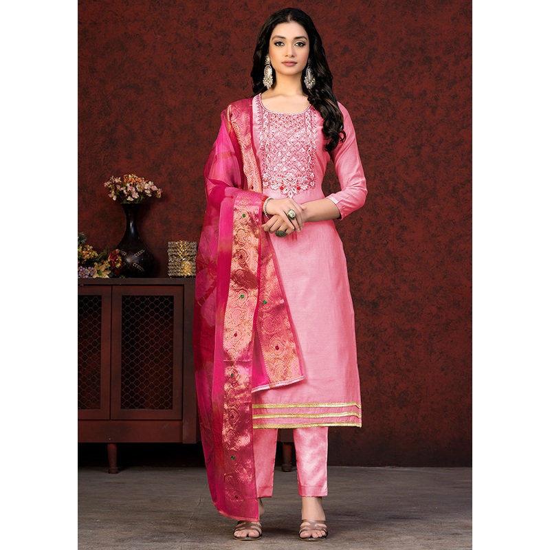 3 Pc Pink Unstitched Silk Hand Suit Set - JD986591101