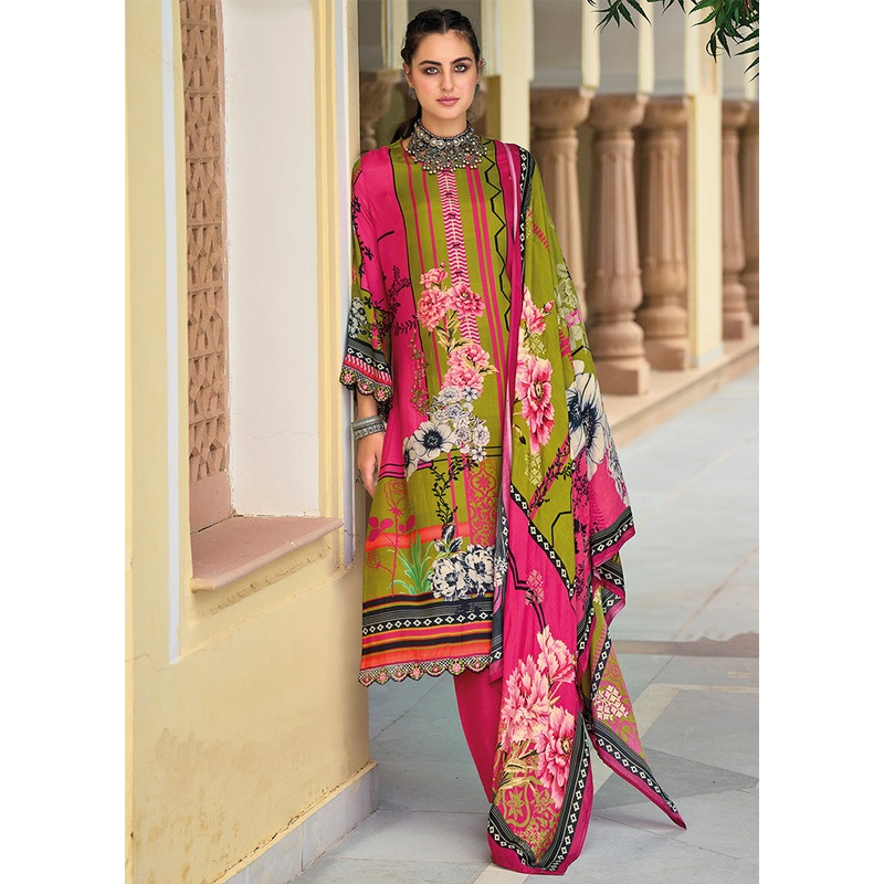 3 Pc Pink Unstitched Silk Suit Set With Dupatta - JD986590941