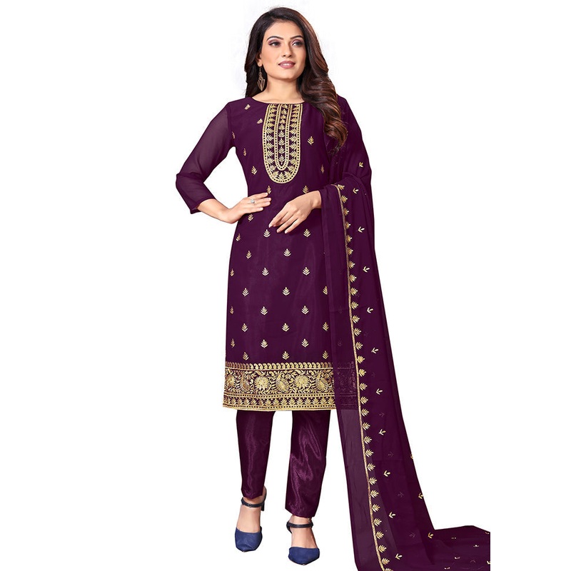 3 Pc Purple Unstitched Georgette Suit Set With Dupatta - JD986590961