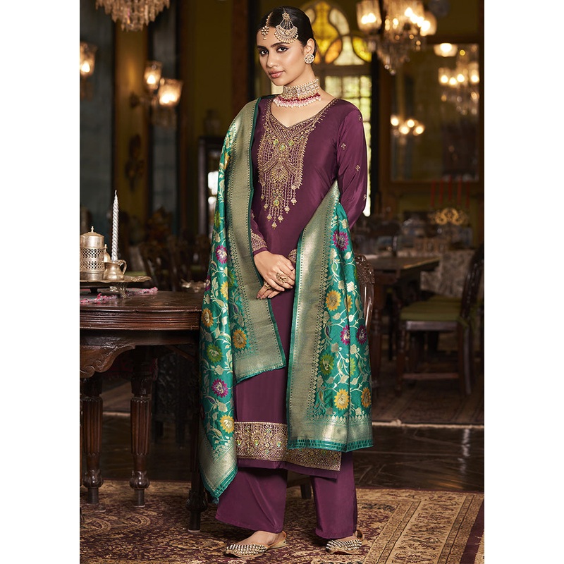 3 Pc Purple Unstitched Silk Suit Set With Dupatta - JD986590947