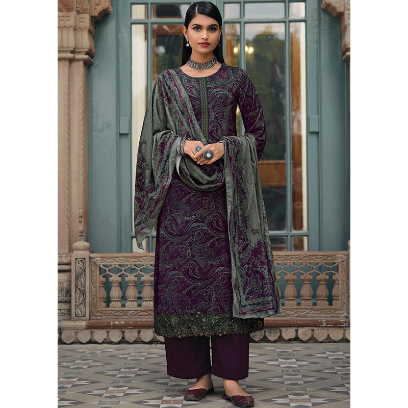3 Pc Purple Unstitched Silk Suit Set With Dupatta - JD986590966