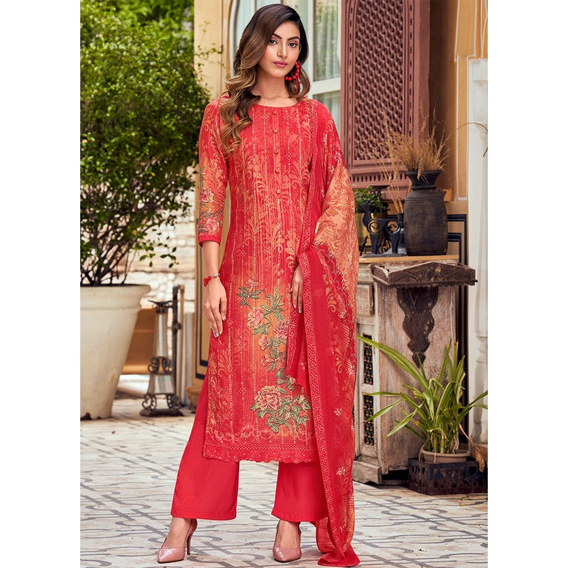 3 Pc Red Unstitched Salwar Suit Set With Dupatta - JD986590917