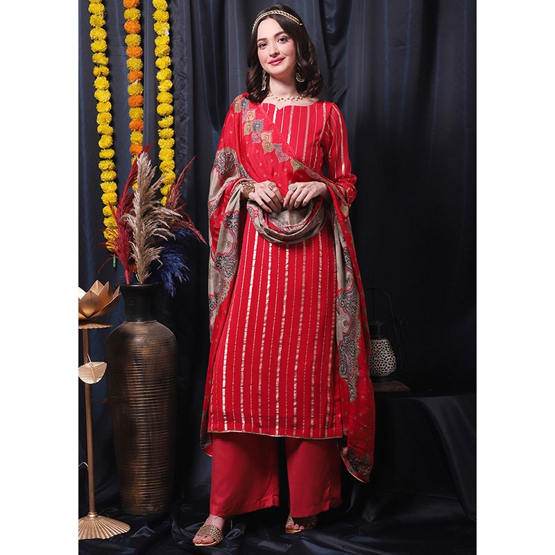 3 Pc Red Unstitched Salwar Suit Set With Dupatta - JD986591066