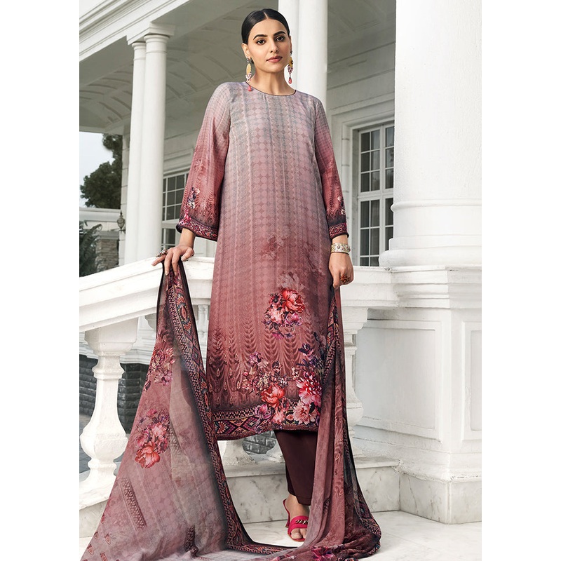 3 Pc Rust Unstitched Digital Print Silk Suit Set - JD986591074