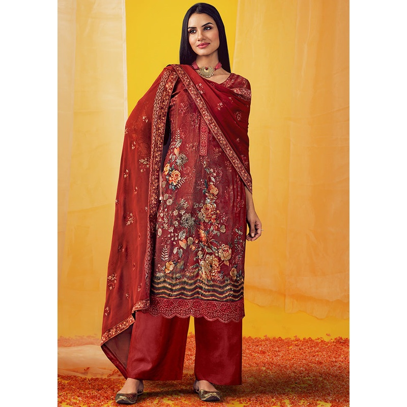 3 Pc Rust Unstitched Georgette Suit Set With Dupatta - JD986590934