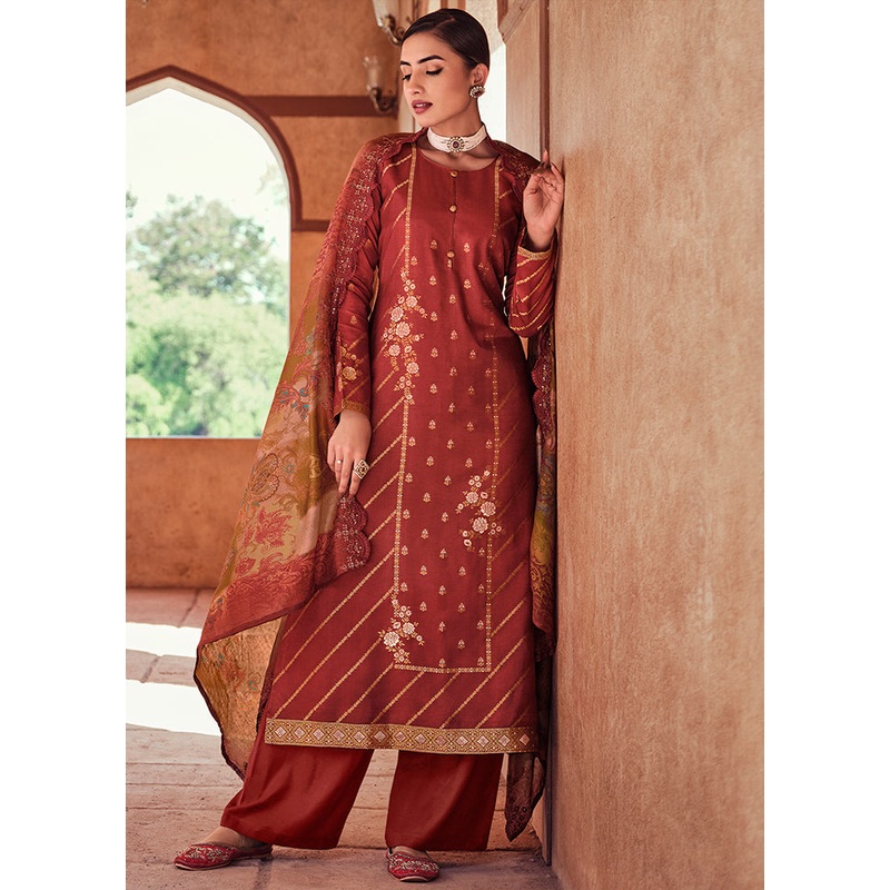 3 Pc Rust Unstitched Suit Set With Dupatta - JD986591049