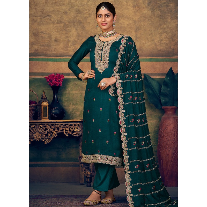 3 Pc Sea Green Unstitched Suit Set With Dupatta - JD986591065