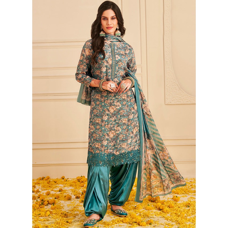 3 Pc Sky Blue Unstitched Crepe Suit Set With Dupatta - JD986590998