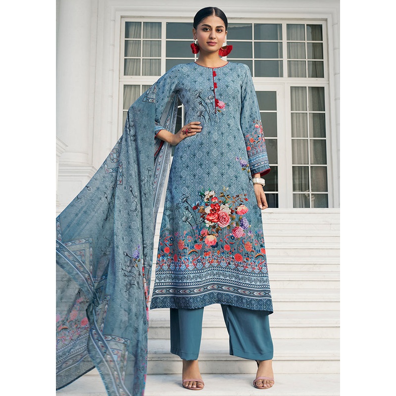 3 Pc Sky Blue Unstitched Digital Print Silk Suit Set - JD986591078
