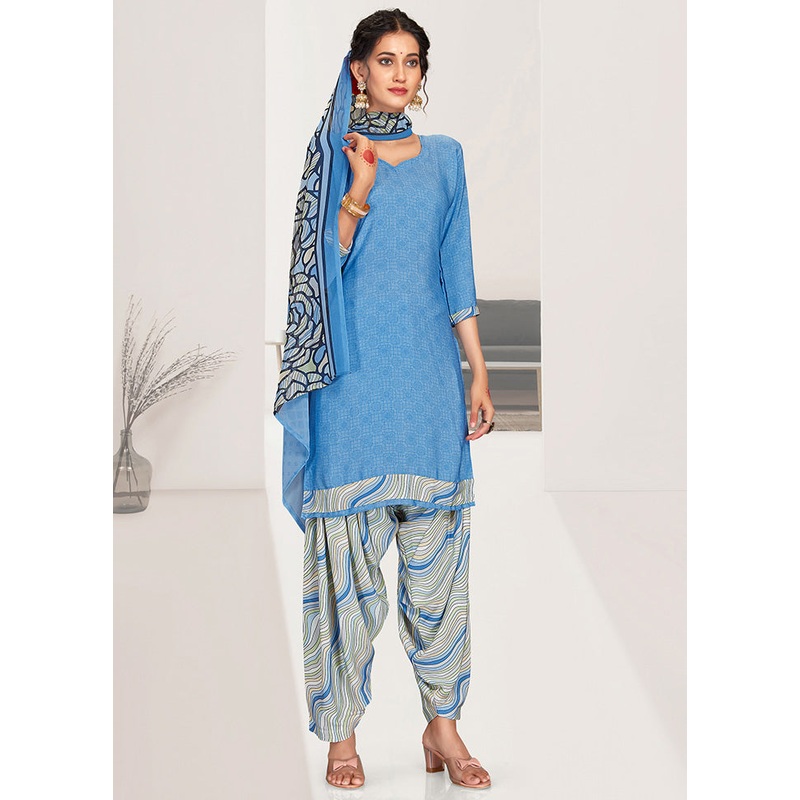 3 Pc Sky Blue Unstitched Silk Digital Suit Set - JD986591093