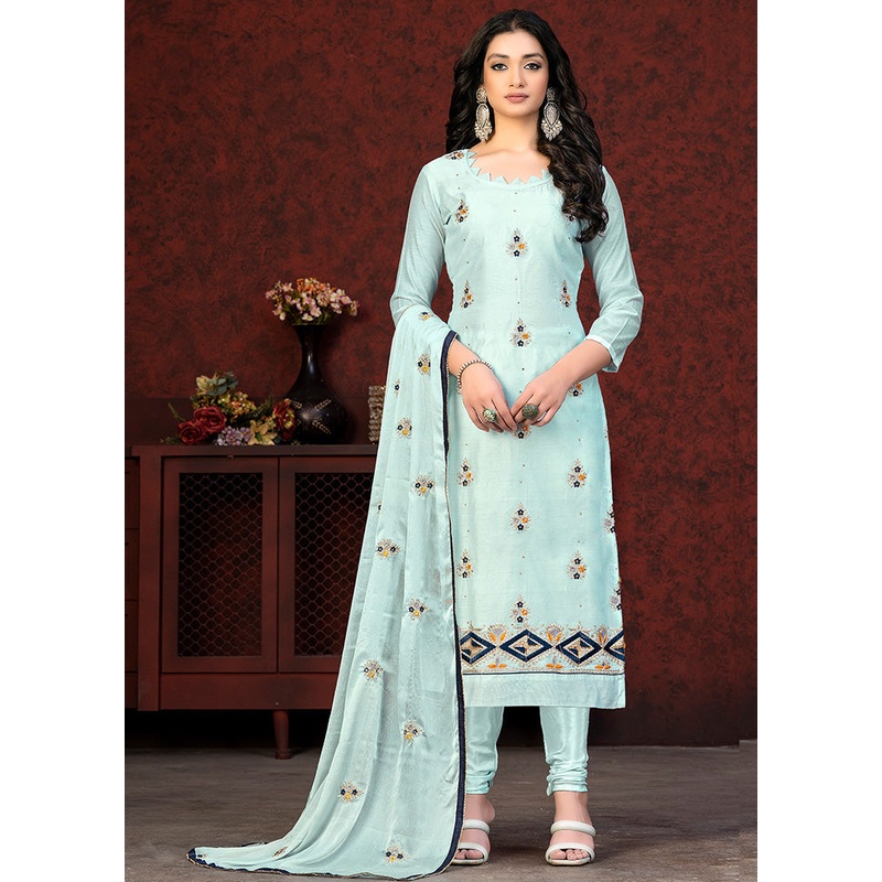 3 Pc Sky Blue Unstitched Silk Hand Suit Set - JD986591097