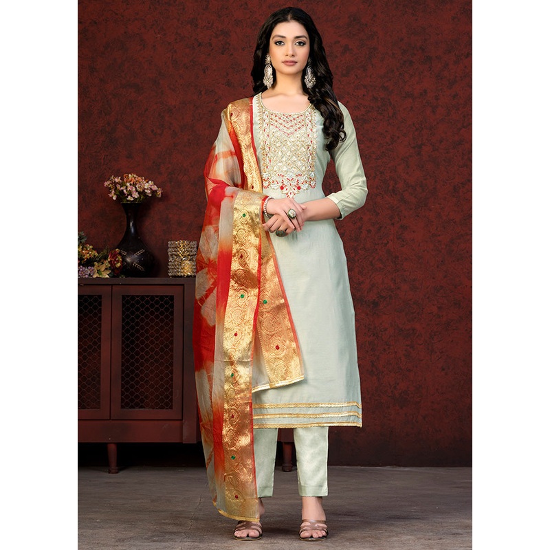 3 Pc Sky Blue Unstitched Silk Hand Suit Set - JD986591103