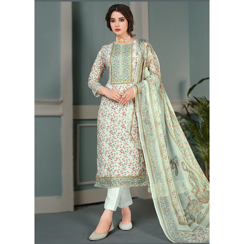 3 Pc Sky Blue Unstitched Silk Suit Set - JD986591110