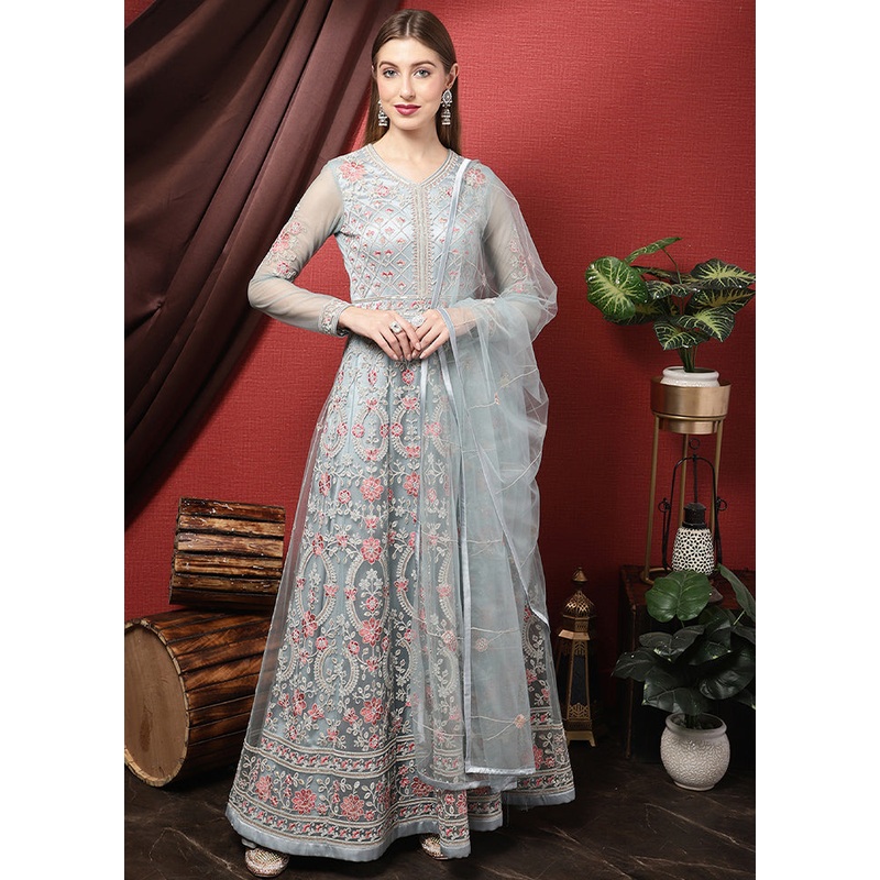 3 Pc Sky Blue Unstitched Suit Set With Dupatta - JD986591060