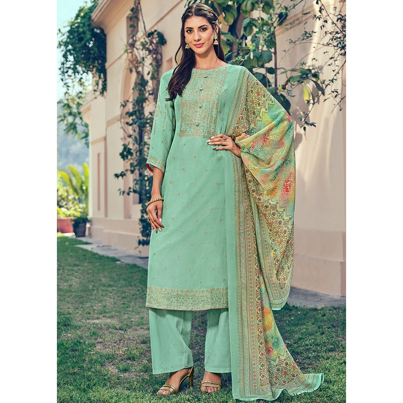 3 Pc Turquoise Unstitched Pure Silk Suit Set - JD986591089