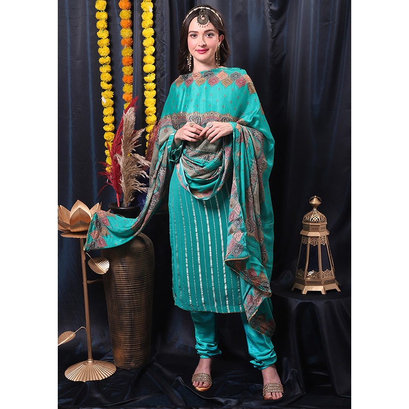 3 Pc Turquoise Unstitched Salwar Suit Set With Dupatta - JD986591067
