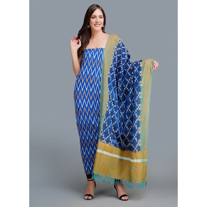 3 Pc Unstitched Blue Cotton Salwar Suit Set With Dupatta - JD986590984