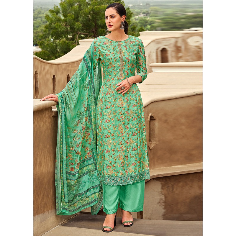 3 Pc Unstitched Green Suit Set With Dupatta - JD986590918