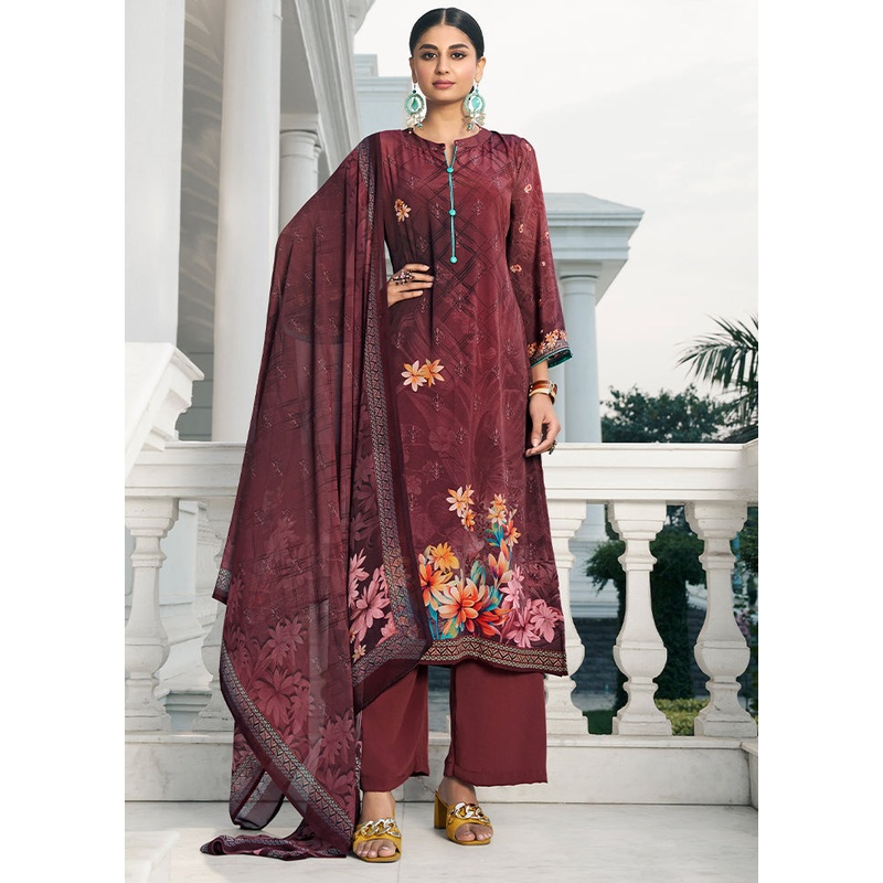 3 Pc Wine Unstitched Digital Print Silk Suit Set - JD986591077