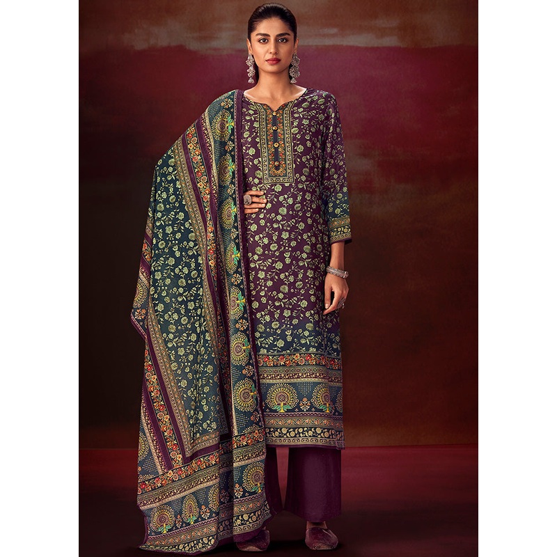 3 Pc Wine Unstitched Silk Suit Set With Dupatta - JD986590969