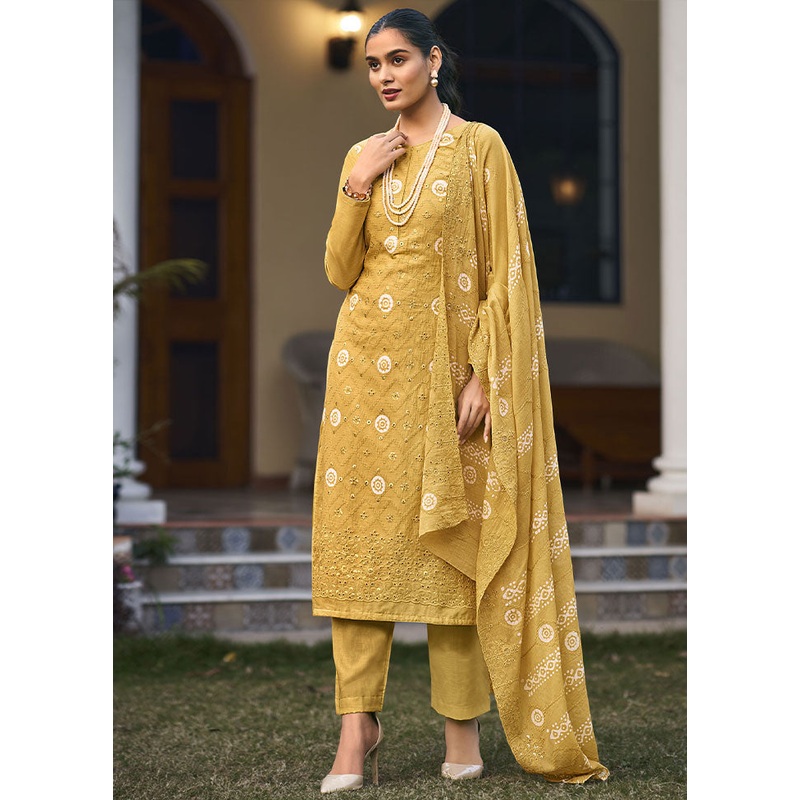 3 Pc Yellow Unstitched Pure Cotton Thread Work Suit Set - JD986591083