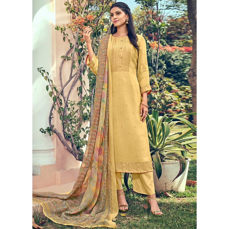 3 Pc Yellow Unstitched Pure Silk Suit Set - JD986591088