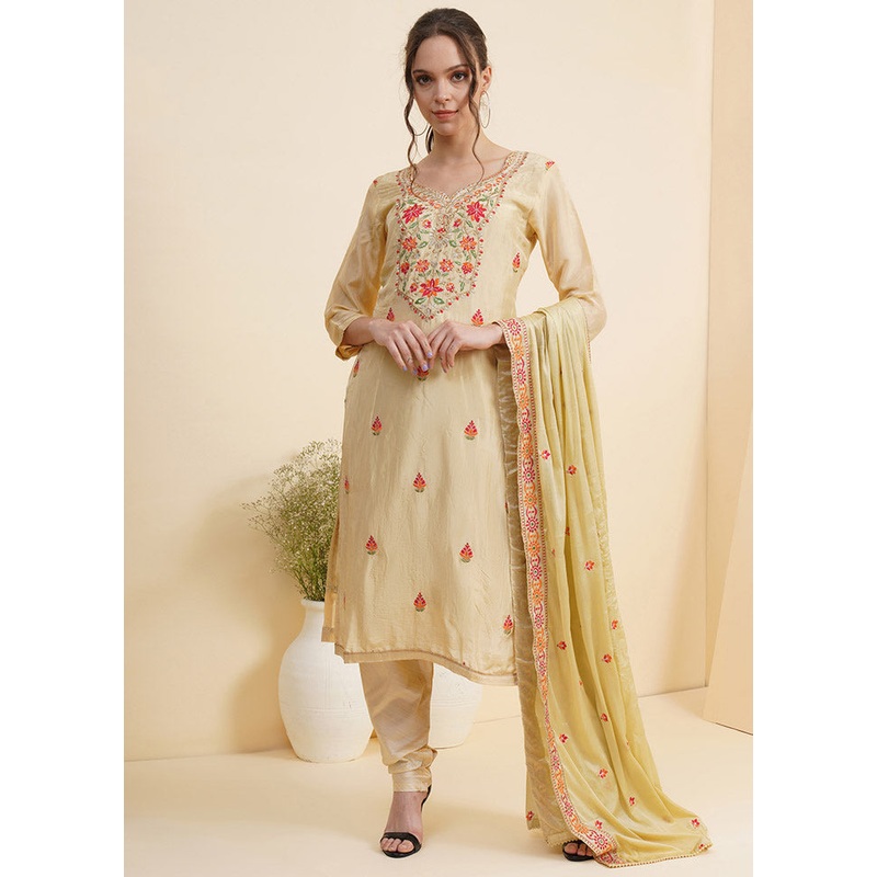 3 Pc Yellow Unstitched Silk Suit Set With Dupatta - JD986590904