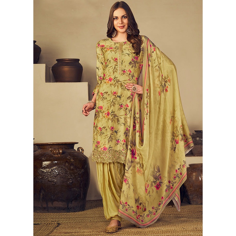 3 Pc Yellow Unstitched Silk Suit Set With Dupatta - JD986590953