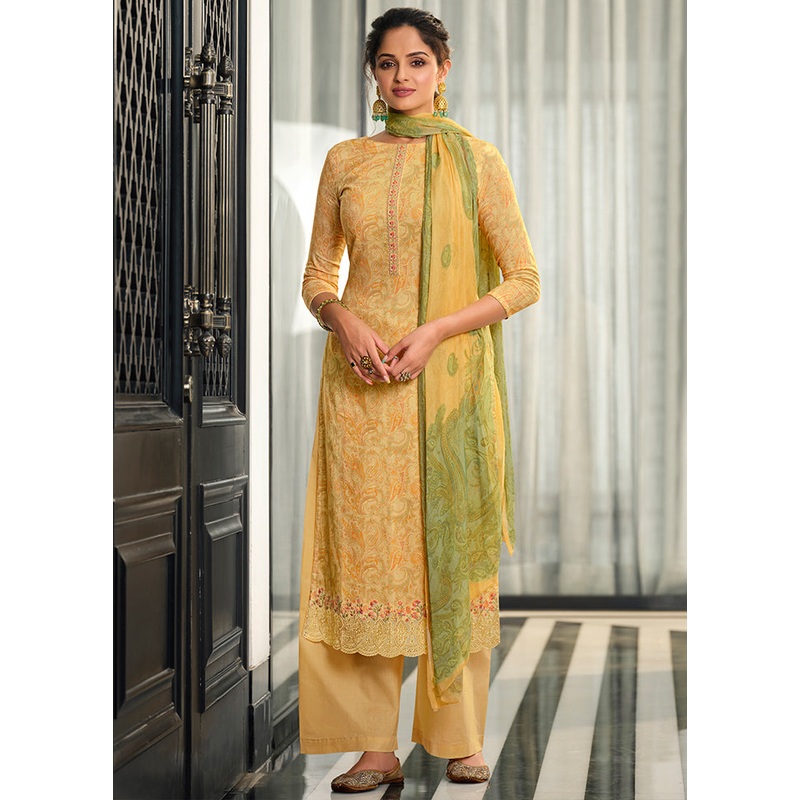 3 Pc Yellow Unstitched Suit Set With Dupatta - JD986591018