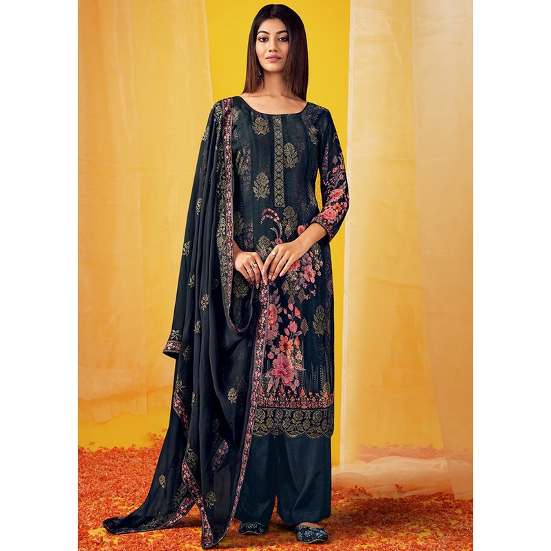 Black Unstitched Georgette Suit Set With Dupatta - JD986590935