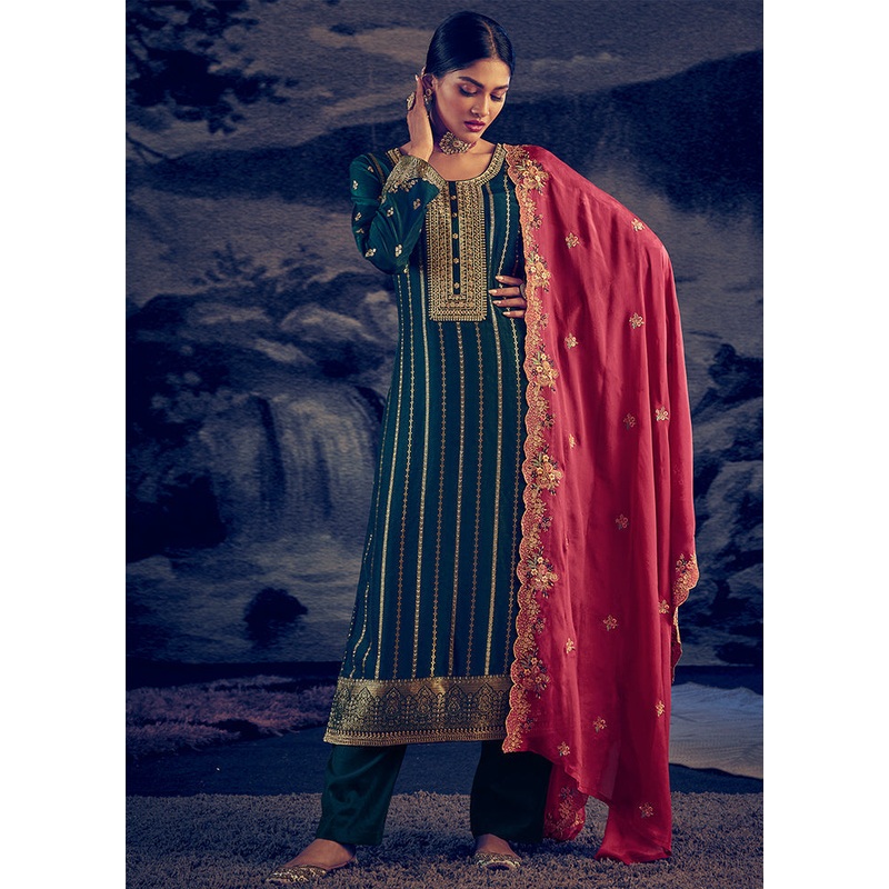 Blue 3 Pc Unstitched Silk Suit Set With Dupatta - JD986591006