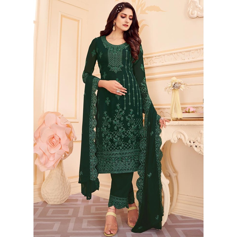 Green 3 Pc Unstitched Georgette Suit Set With Dupatta - JD986591034