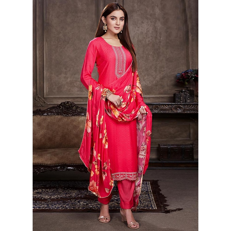 Magenta 3 Pc Unstitched Muslin Suit Set With Dupatta - JD986591038