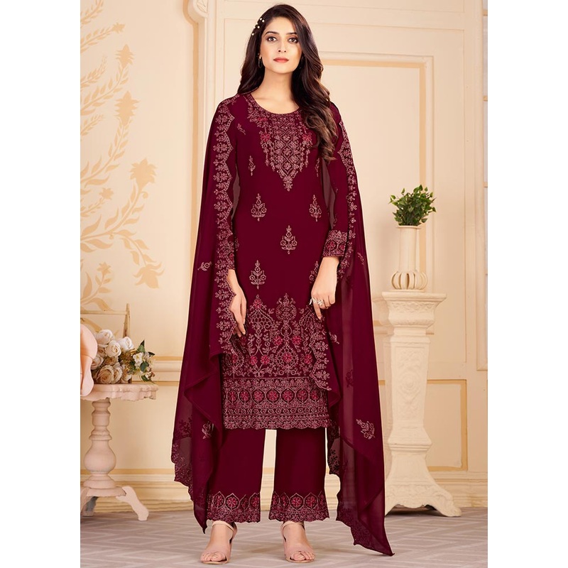 Maroon 3 Pc Unstitched Georgette Suit Set With Dupatta - JD986591035