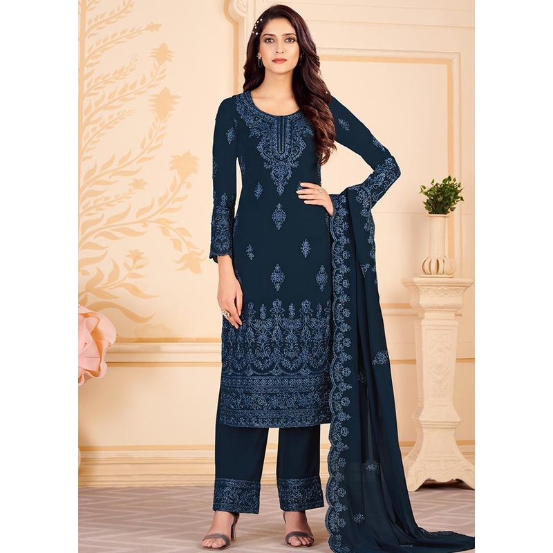 Navy Blue 3 Pc Unstitched Georgette Suit Set With Dupatta - JD986591033