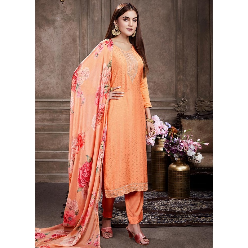 Peach 3 Pc Unstitched Muslin Suit Set With Dupatta - JD986591039