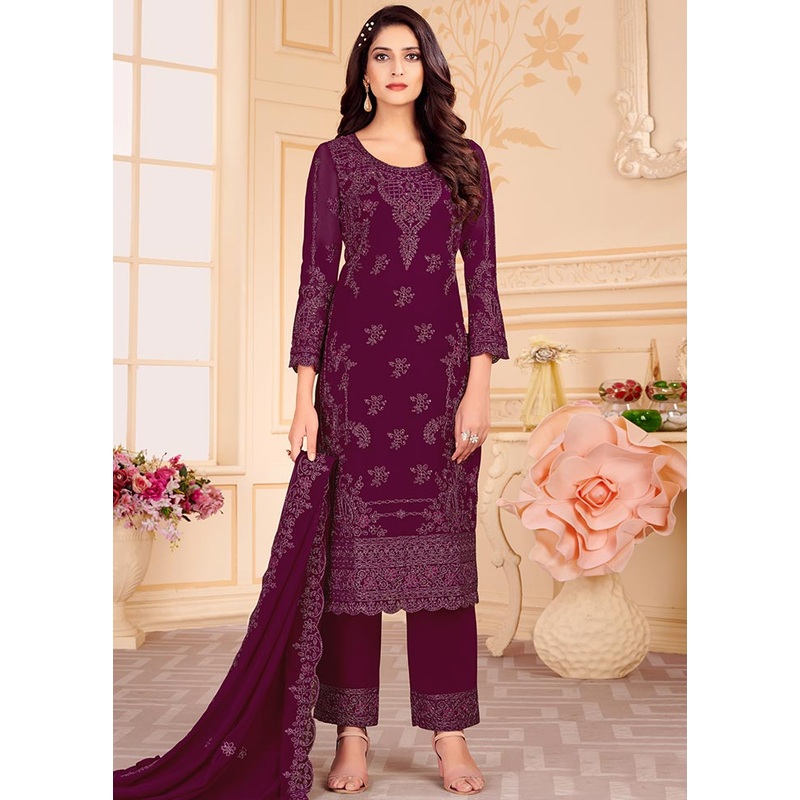 Wine Red 3 Pc Unstitched Georgette Suit Set With Dupatta - JD986591031