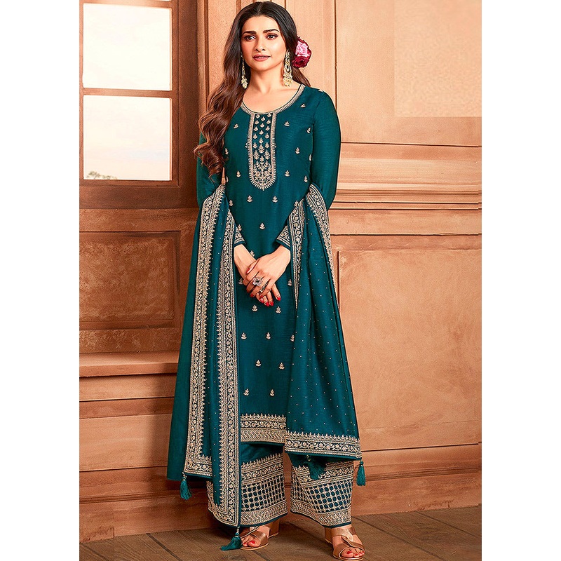 3 Pc Aqua Semi Stitched Georgette Suit Set - JD986590737