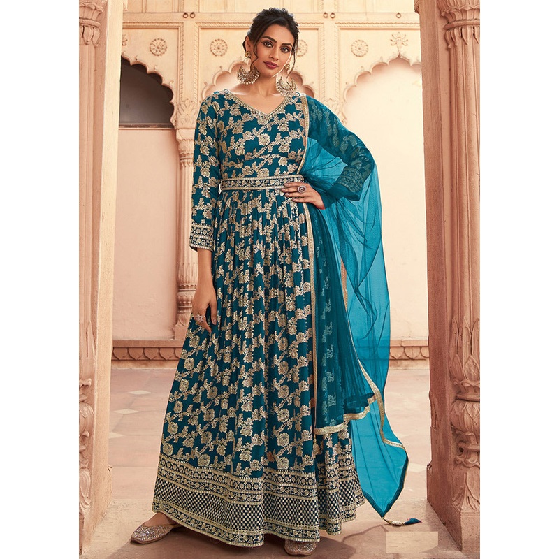 3 Pc Aqua Semi Stitched Silk Suit Set - JD986590752