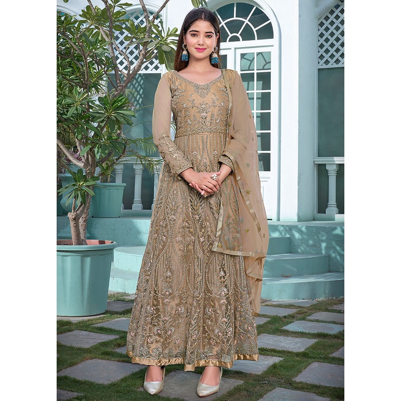 3 Pc Beige Semi Stitched Net Anarkali Suit Set - JD986590734