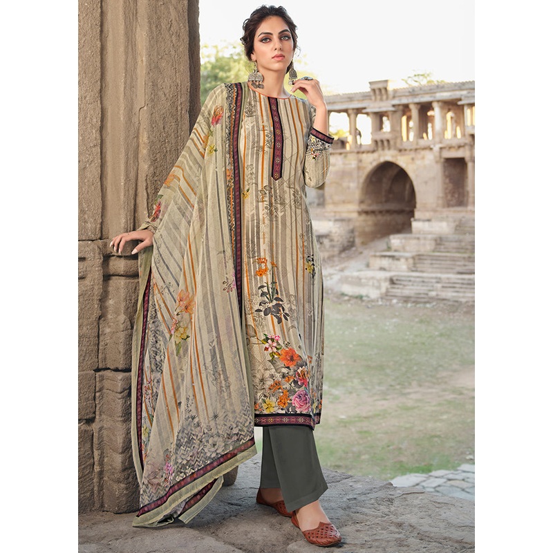 3 Pc Beige Unstitched Crepe Suit Set - JD986590814