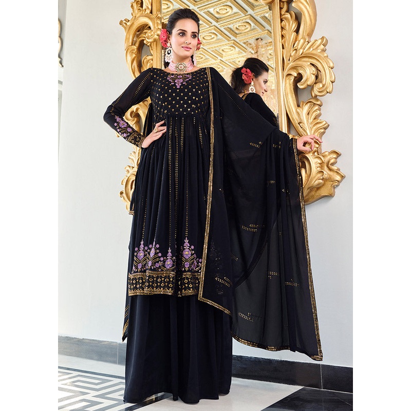 3 Pc Black Readymade Georgette Sharara Suit Set - JD986590698