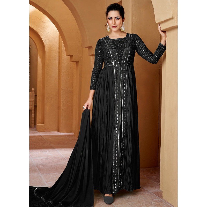 3 Pc Black Readymade Georgette Suit Set - JD986590762