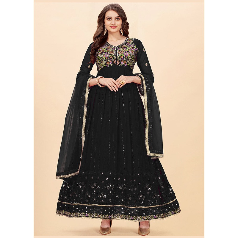 3 Pc Black Semi Stitched Georgette Suit Set - JD986590695