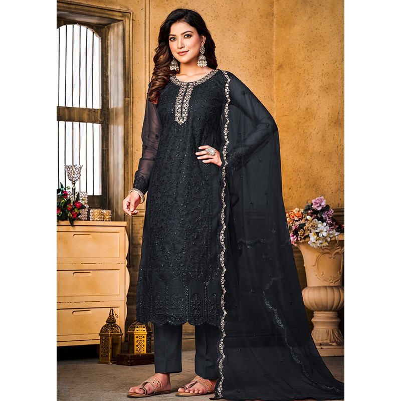 3 Pc Black Semi Stitched Net Suit Set - JD986590742