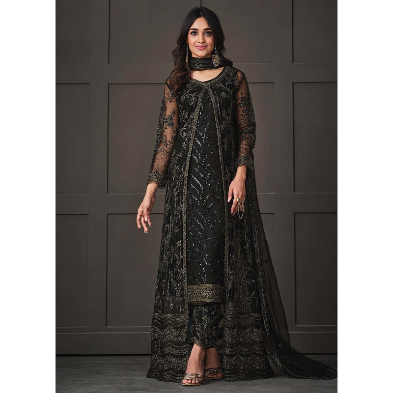 3 Pc Black Semi Stitched Net Suit Set - JD986590765