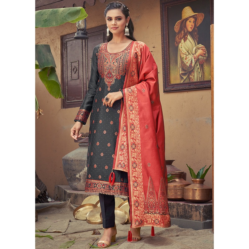 3 Pc Black Unstitched Silk Suit Set With Dupatta - JD986590886