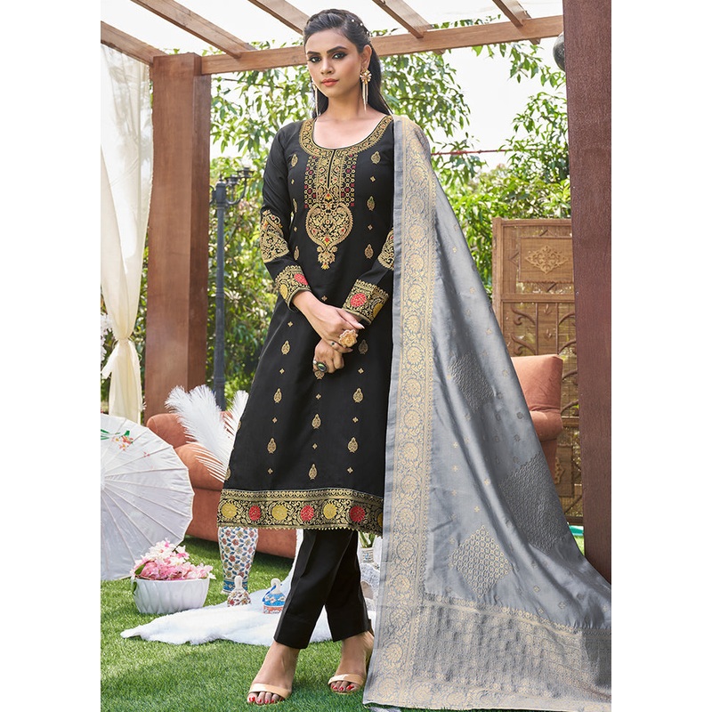3 Pc Black Unstitched Silk Suit Set With Dupatta - JD986590892