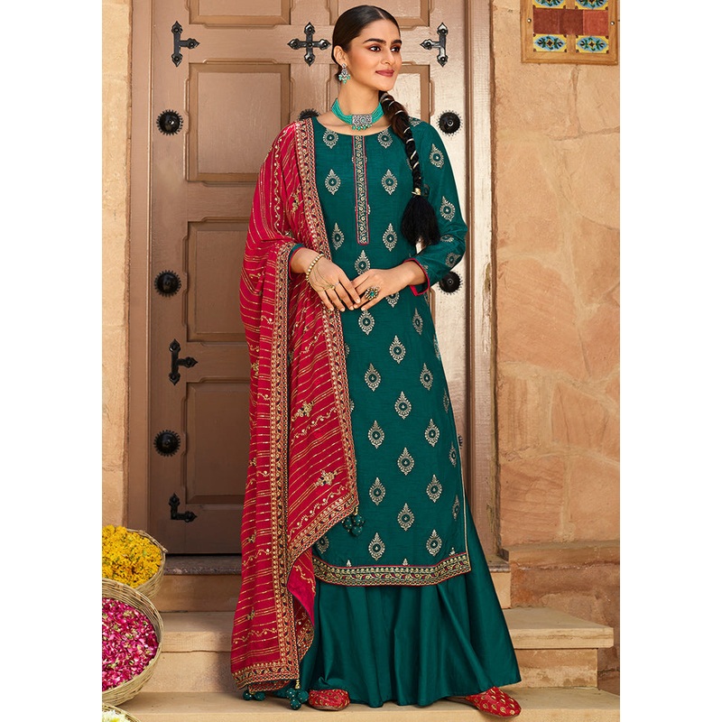 3 Pc Blue Unstitched Polyster Silk Suit Set - JD986590805