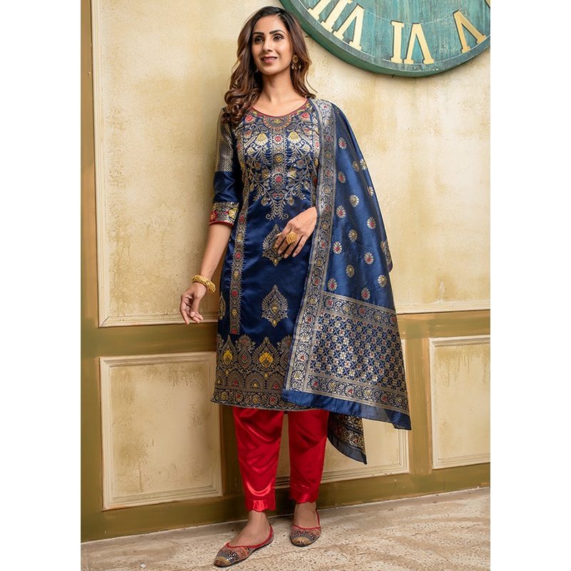 3 Pc Blue Unstitched Silk Suit Set With Dupatta - JD986590867